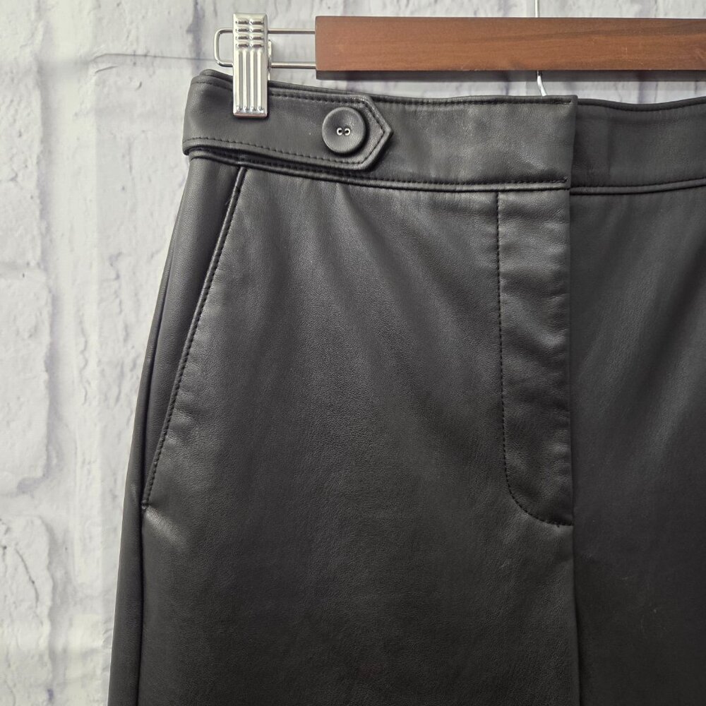 Ann Taylor Size 2 Black Faux Leather High Rise Straight Leg Pants Button Detail - Picture 4 of 10